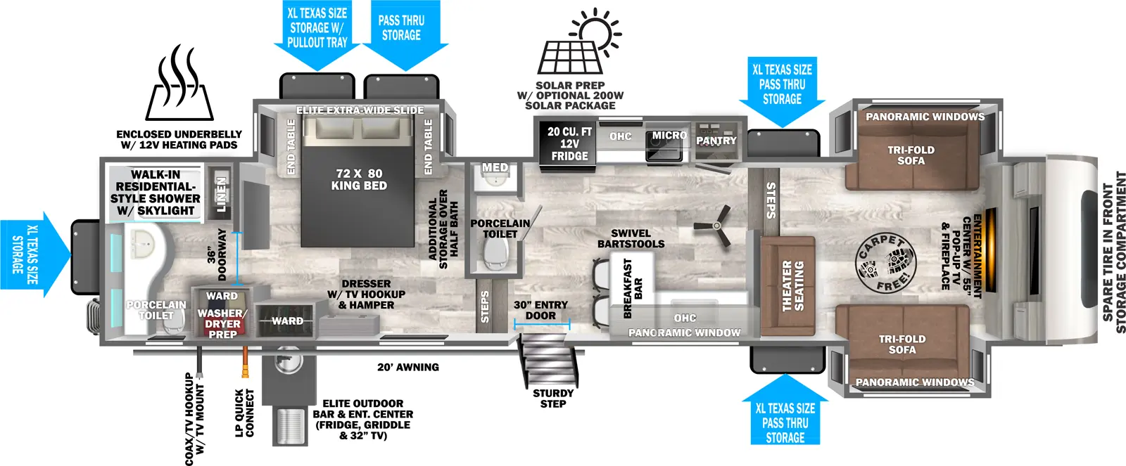 The Hemisphere Fifth Wheels 36FL has one entry and four slide outs. Exterior features include: fiberglass exterior, 20' awning,  outside entertainment and outside kitchen. Interiors features include: front living and rear bathroom.